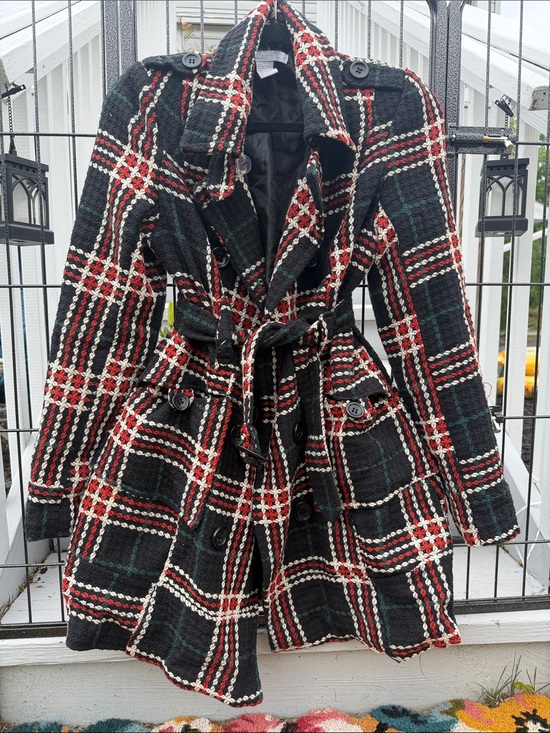 Charlotte Russe Jackets & Blazers - Plaid Belted Wool-Blend Trench Coat - blue, orange, green, Cream